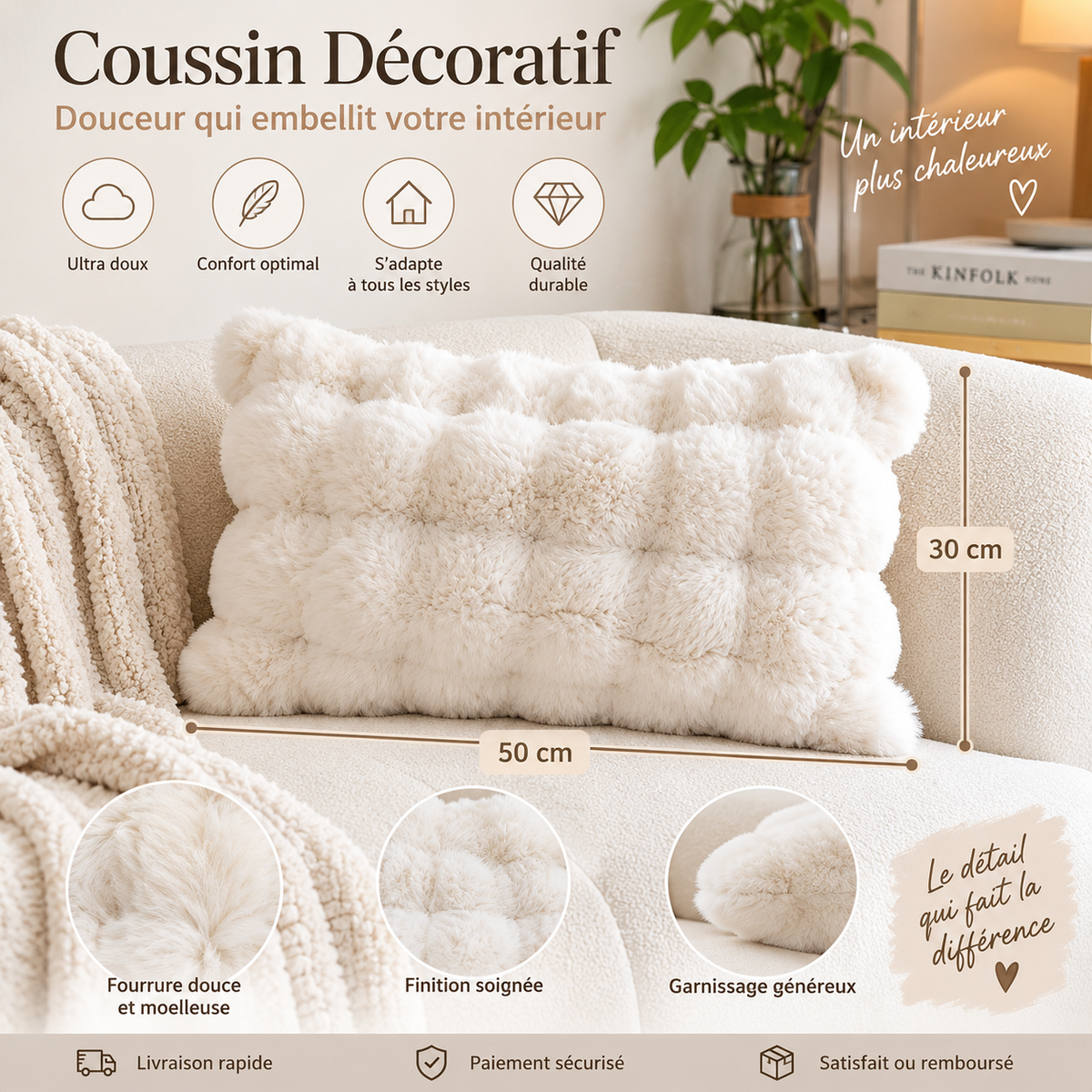 Coussin Décoratif Peluche Douce – Style Lapin
