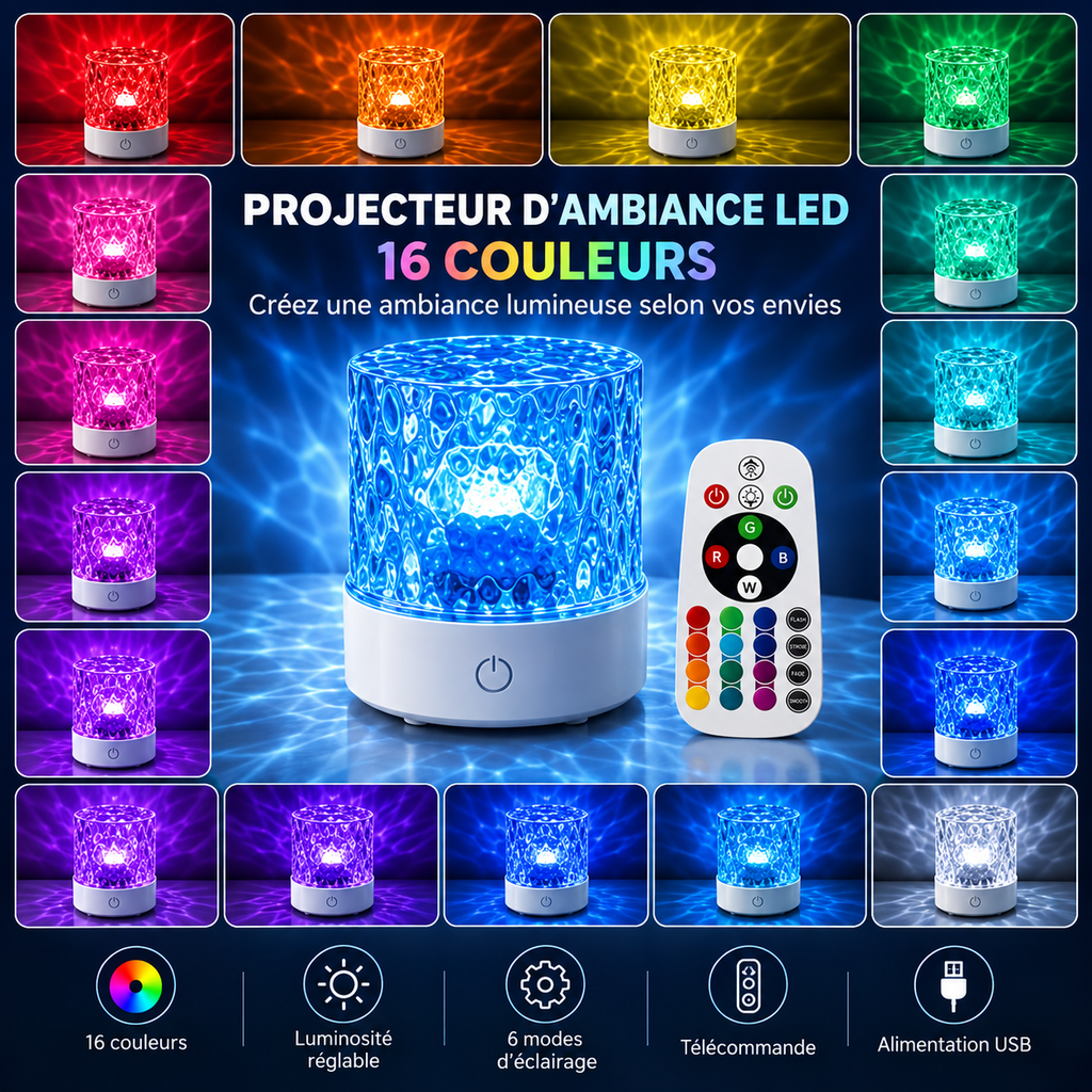Veilleuse RGB 16 Couleurs à Télécommande – Effet Ondulations d'Eau