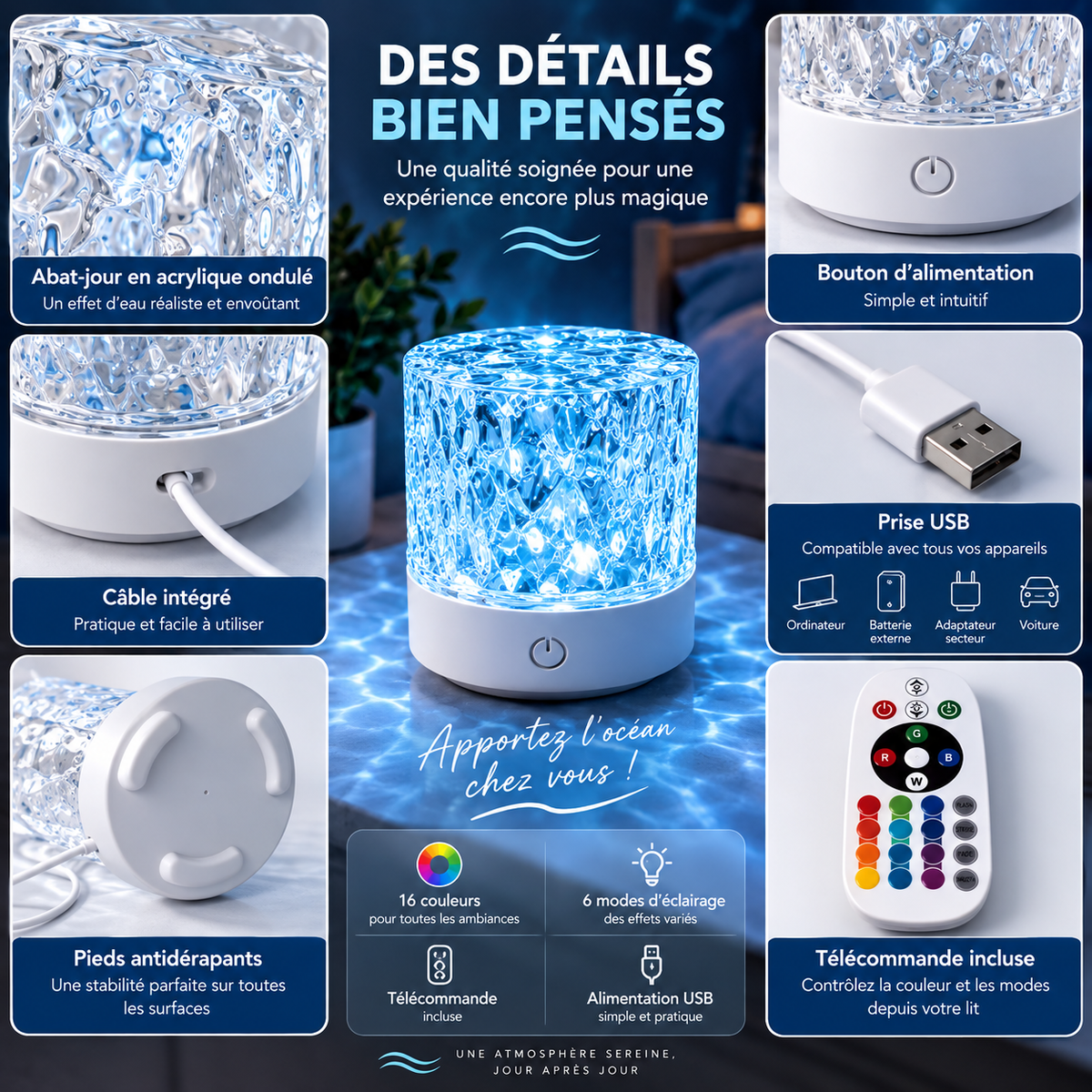 Veilleuse RGB 16 Couleurs à Télécommande – Effet Ondulations d'Eau