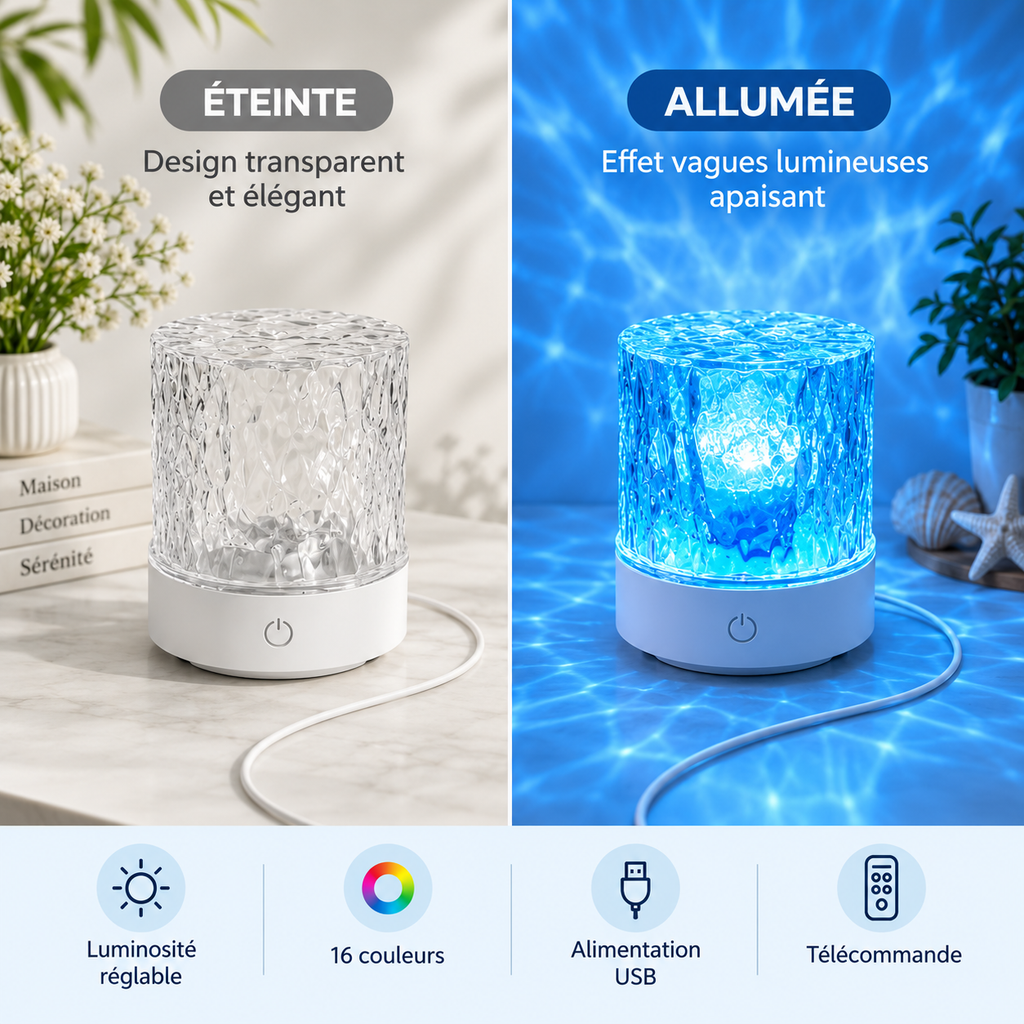 Veilleuse RGB 16 Couleurs à Télécommande – Effet Ondulations d'Eau