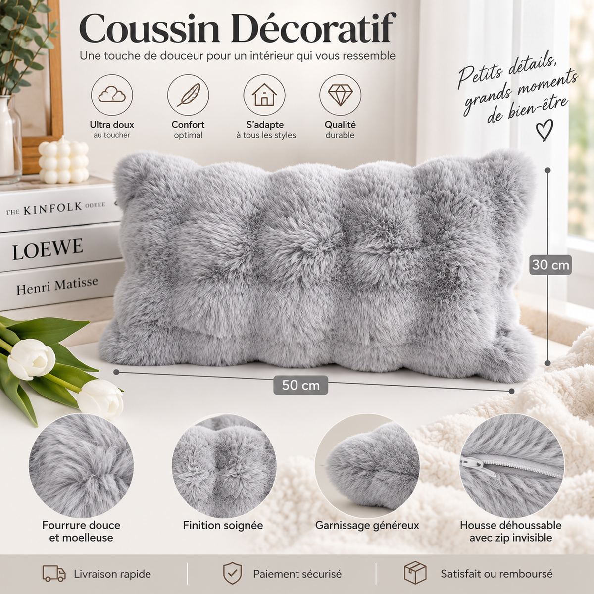 Coussin Décoratif Peluche Douce – Style Lapin