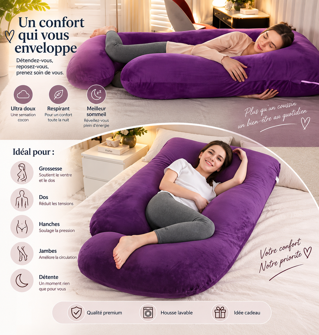 Oreiller de Soutien Corps en J – Confort Grossesse &amp; Sommeil
