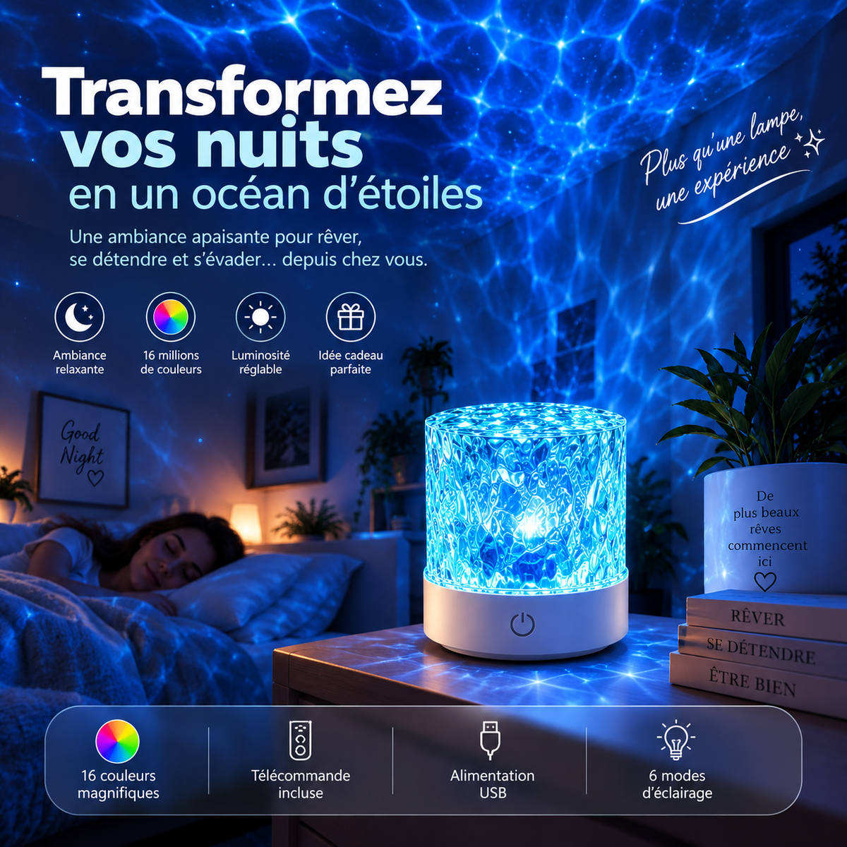Veilleuse RGB 16 Couleurs à Télécommande – Effet Ondulations d'Eau