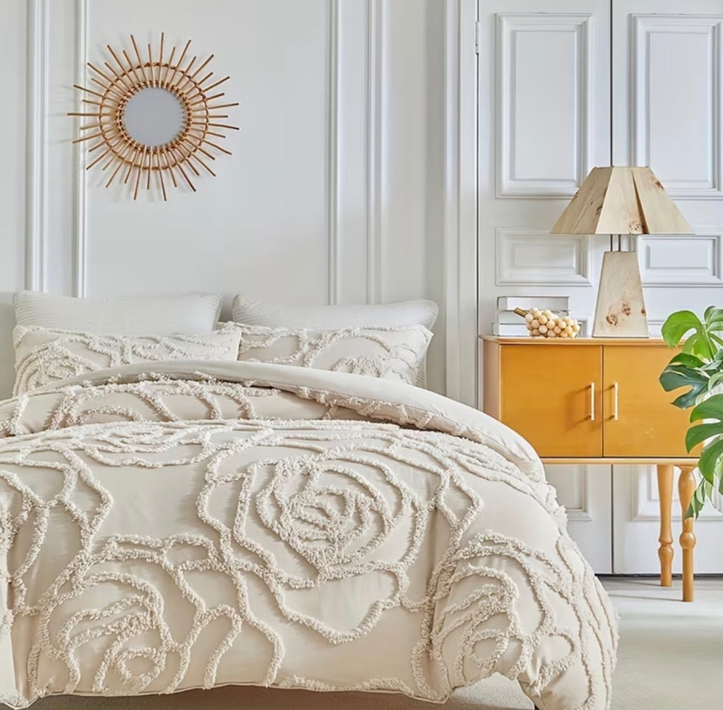 Parure de lit fleurs texturées 3D, coloris beige
