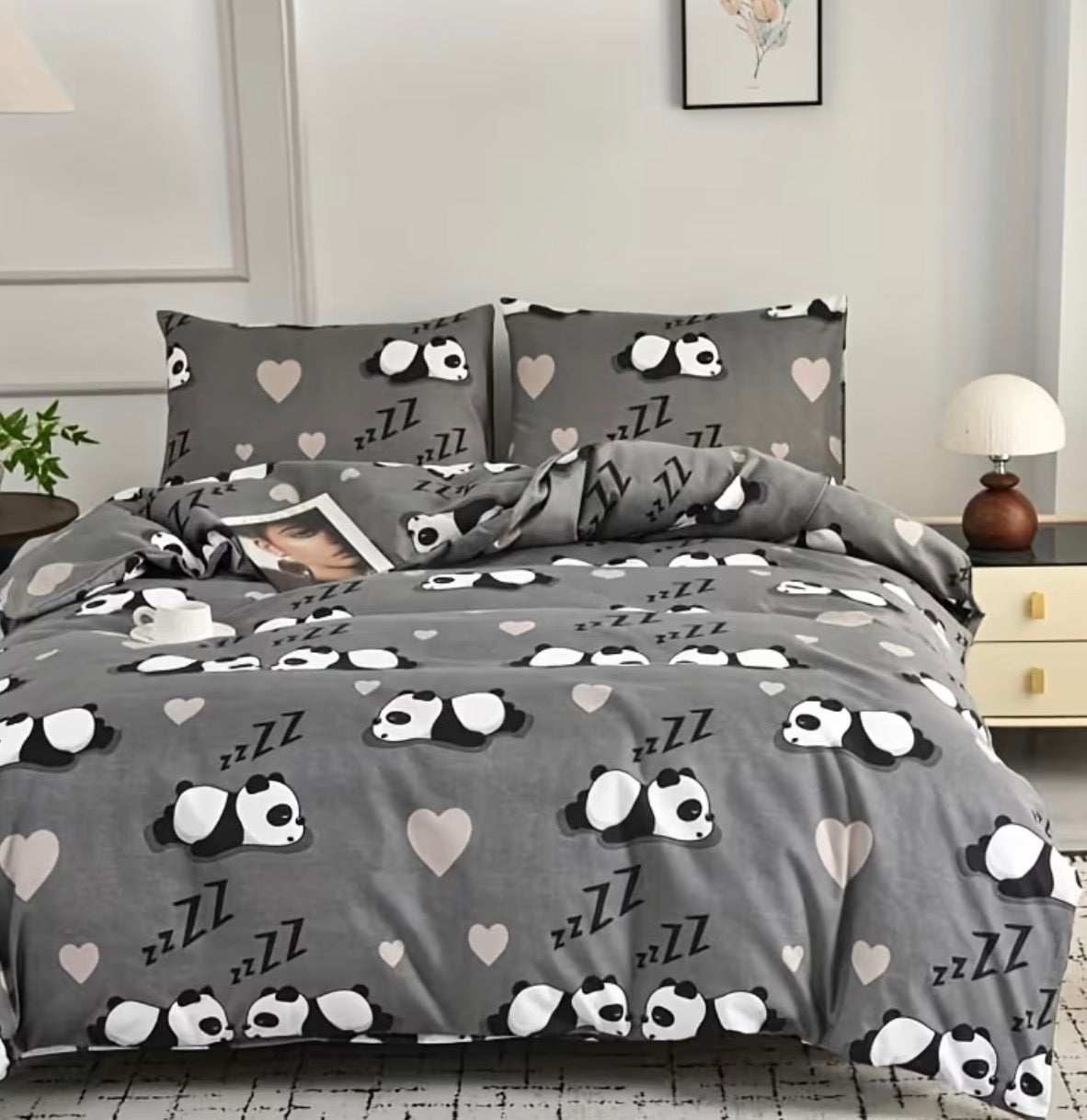 Parure de lit panda et cœurs vue d'ensemble