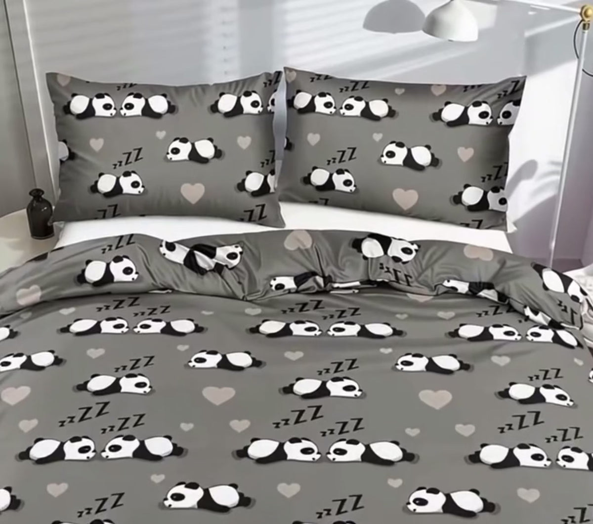 Parure de Lit Panda &amp; Cœurs – Housse de Couette + 2 Taies